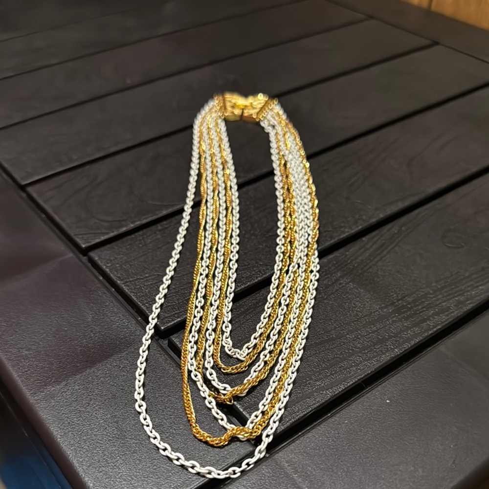 Vintage Trifari crown Gold and Silver 7 Multi-Strand Necklace Layered Design